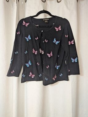 Butterfly 3/4 Sleeve Button Up Cardigan Sweater Pink Blue And Purple Medium